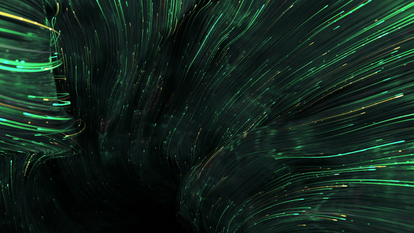 Sci-fi portal with green light trails stream. Futuristic digital technologies design. 3D render seamless loop animation