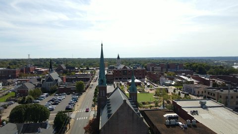 Flying Over First Presbyterian Church Towards Montgomery County Court In Clarksville, Tennessee. aerial