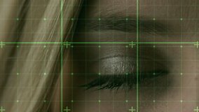 Animation of data processing over eye of caucasian woman. global data processing, computing and digital interface concept digitally generated video.