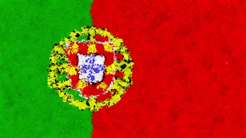 Colorful animation of the flag of Portugal, gradually emerging from a moving swirling cloud consisting of many colorful small particles. The particles rotate to form the national flag of Portugal.