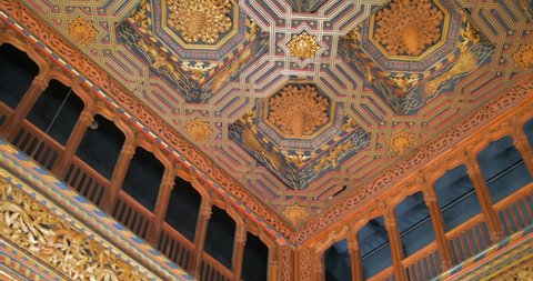 Zaragoza, Aragon, Spain - October 2021. Interior And Ceiling Of Grand Hall Of The Palace of the Catholic Monarchs In Aljaferia Palace In Zaragoza, Spain.