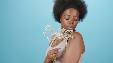 Tilt-up portrait of tender young beautiful plus size woman of African-American ethnicity posing in underwear with babys breath flower on isolated blue background