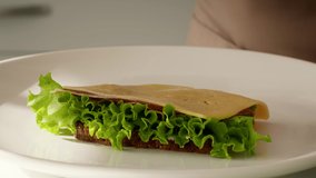 Cropped Shot Of Woman Taking Sandwich With Ham, Cheese And Salad From Plate Having Lunch Indoors, Closeup Of Hands. Snack Time Concept. Slow Motion