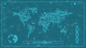 Futuristic digital sci-fi graphics on monitor. Hud world map with binary code. Place for your text in a frame after 10 seconds. - Powered by Shutterstock - Get 15% off with code: PIKWIZARD15