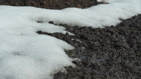 Time-lapse: Melting snow on the ground. Spring background. The earth which thawed from snow.