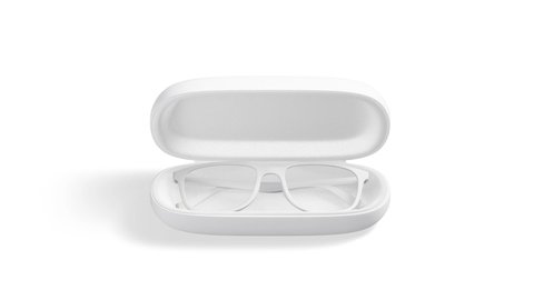Blank white opened case with glasses mockup, looped rotation, 3d rendering. Empty protection box with barnacle, no background. Clear 360 turning spectacle-case, isolated template.