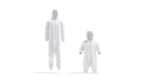 Blank white adult and kid plush jumpsuit mockup, looped rotation, 3d rendering. Empty plushy suit with hood mock up, isolated on white background. Clear cloth apparel for sleep template.