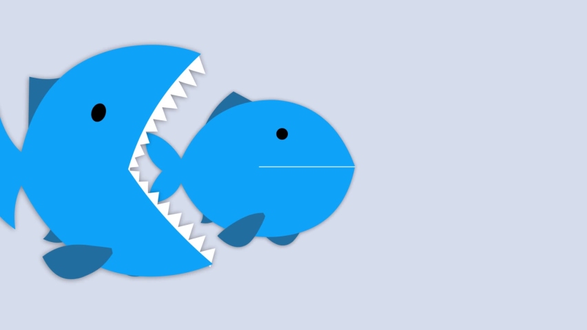 Big fish eating little fish. Cartoon business metaphor. Large and small. Seamless loop. | Shutterstock HD Video #1081312352