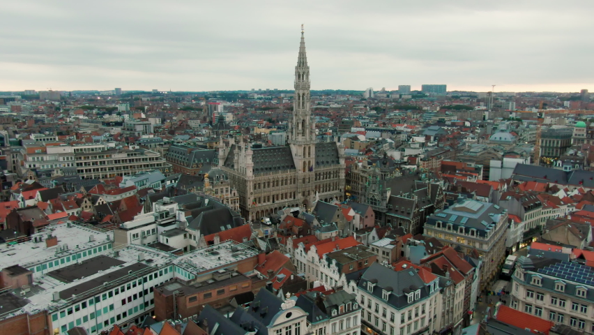 Aerial View of the Grand Place in Brussels, Belgium - most beautiful squares in Europe with Baroque architecture. Popular tourist destination and famous landmark in Bruxelles. 4K drone zoom in shot | Shutterstock HD Video #1081317182
