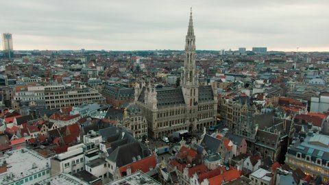 Aerial View of the Grand Place in Brussels, Belgium - most beautiful squares in Europe with Baroque architecture. Popular tourist destination and famous landmark in Bruxelles. 4K drone zoom in shot