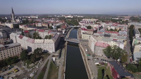Aerial panorama of Olomouc city in Moravia region of Czech Republic with beautiful buildings and river passing by.