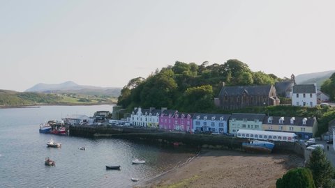 Overlooking Portree Isle Of Skye Scotland Colourful Houses On The Coastal Harbour On A Sunny Day