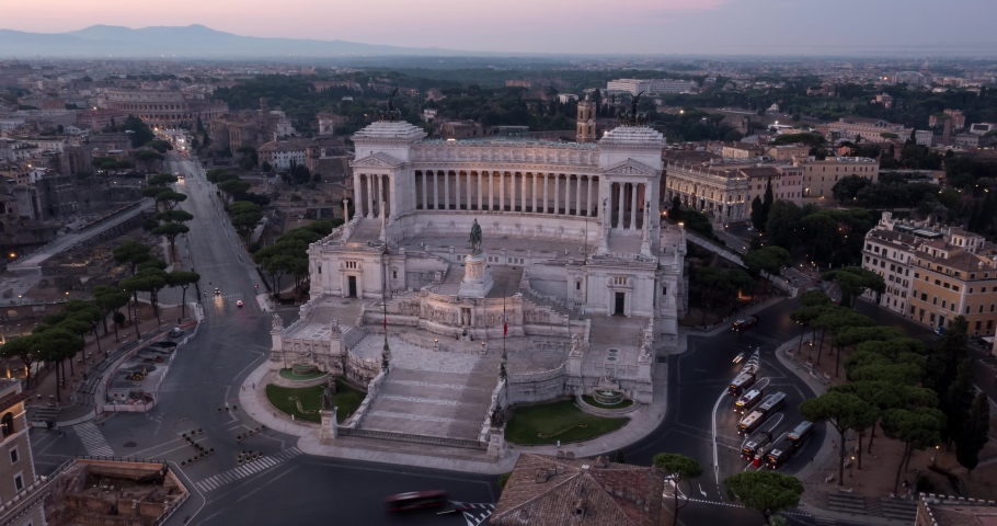 Aerial view of the national Monument to Victor Emmanuel II in city of Rome, Piazza Venezia, Italy
