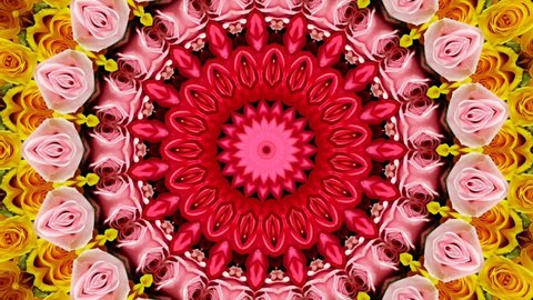 Footage stop motion animation graphic illustration mandala flower red and yellow background geometric kaleidoscope shape abstract neon blend mirror doodle full color
