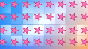 Animation of multiple pink starfish over colorful squares. nature, pattern, colour and movement concept digitally generated video.