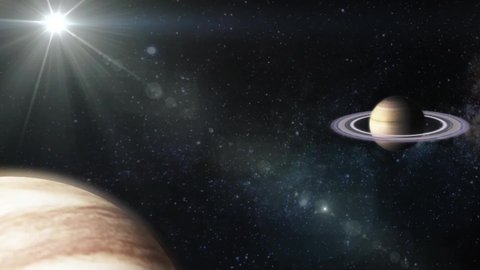 Planet Saturn in cartoon style rotates. 3d planet with rotating rings. Looped animation.Saturn with Rings in outer space. Footage of beautiful planet in solar system. 4K Video.