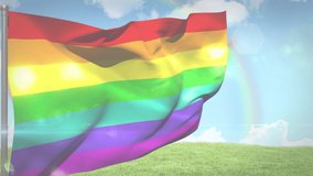 Animation of moving white lines over rainbow flag. lgbtq pride and equality celebration concept digitally generated video.
