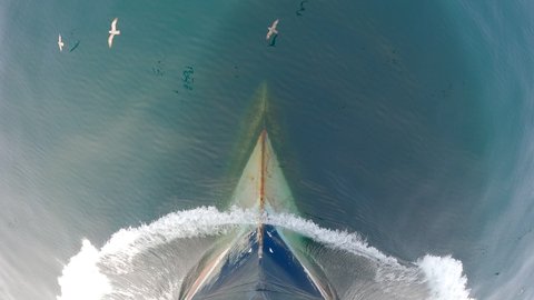 View from above. The bow of the ship is cut by the waves of the calm northern sea.