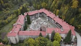 Rila, Bulgaria, october, 2021. Video made with drone near the Rila monastery in autumn 