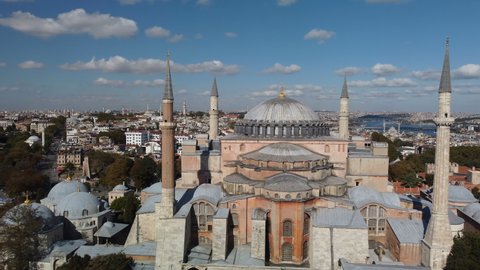 Aerial view on Ayasofya, Hagia Sophia, late antiquity building at sunny day