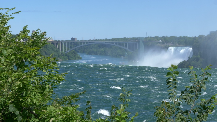 Rainbow Bridge between Canada and the USA with Niagara Falls River.