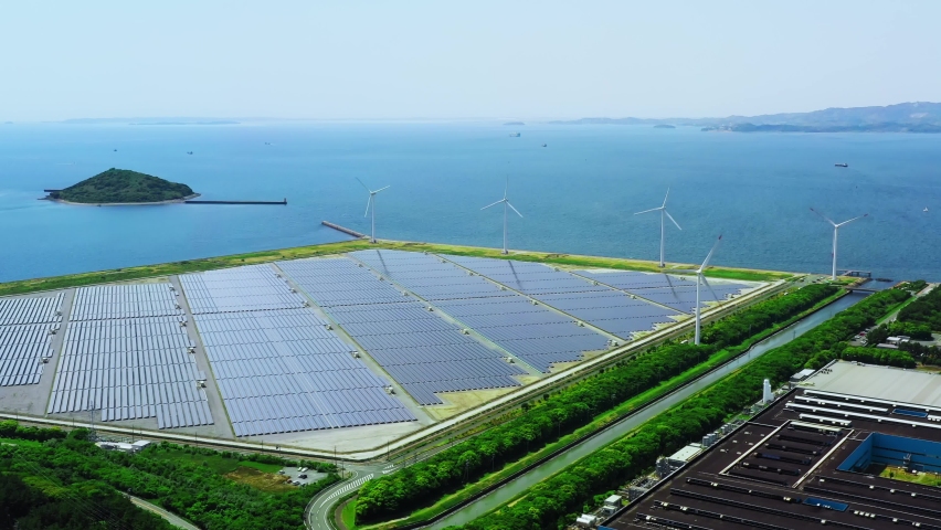 Renewable energy concept. Solar power plant and wind power plant aerial view. Royalty-Free Stock Footage #1081341863