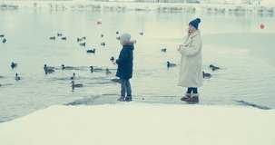 Mother and son thrilled by outdoor activities. Family feeding ducks on the lake. Holiday moments, childhood wonder. Winter wonderland. 4K video