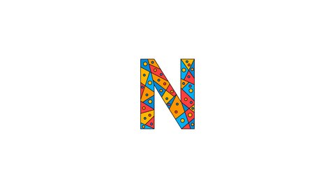 Letter N. Animated unique font made of circles and triangles, polygons. Geometric mosaic bright colors, black outline. Letter N for icons, logos, interface elements. Isolate White background, 4K