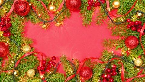 6k New year's frame with blinking lights on pine branches with red and gold ornaments appear on red theme. Stop motion