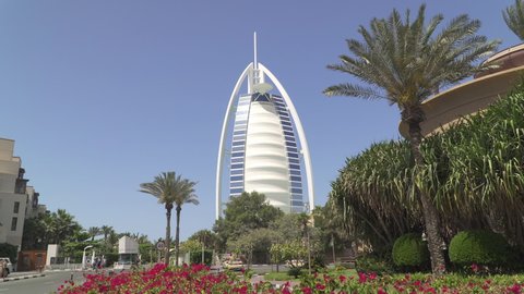 DUBAI, UNITED ARAB EMIRATES - CIRCA 2021: The Burj Al Arab, a luxury hotel and one of the most recognizable landmarks of Dubai