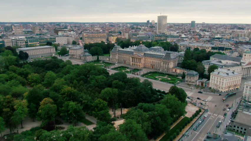Aerial Shot of Royal Palace of Brussels of the King and Queen of the Belgians in front of Bruxelles Park. Scenic Cityscape of European Capital Cityscape. 4K drone panoramic video Royalty-Free Stock Footage #1081362422