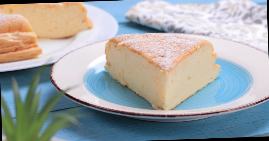 Delicious yogurt cake slice ready to be served. Homemade dessert from healthy ingredients concept. Dolly shot 4k | Shutterstock HD Video #1081362596