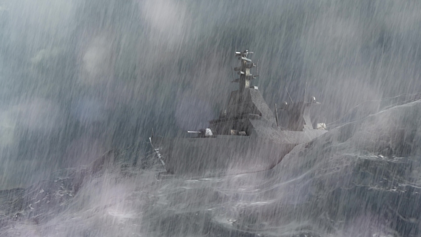 Navy ship vessel in stormy ocean with rain and lightning
Aerial view of naval ship, battle ship, warship, Military ship resilient and armed with weapon systems

