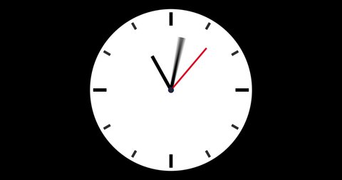 Wall Clock animation. Seamless motion animated footage, black background, time concept. Watch with moving arrows, 12 hour Timelapse, spinning clock in 24 hour seamless loop. Clock animated 