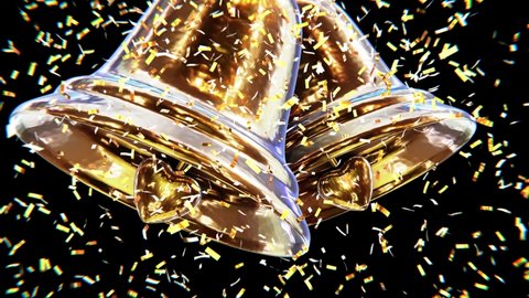 Realistic looping 3D animation of two cozy golden metallic bells with falling golden confetti rendered in UHD