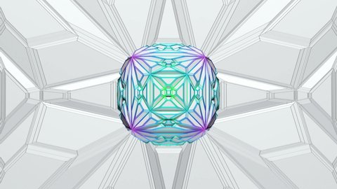 3d render of abstract art video loop animation with surreal alien fractal cyber cube or box object in transformation process in wire structure in rainbow gradient color on grey background 