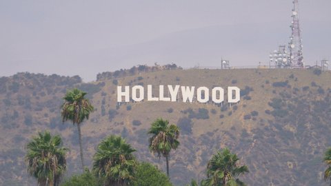 Los Angeles, USA- 10 17 2021: Hollywood sign on the mountain in 4k slow motion 60fps
