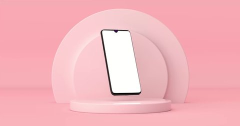 4k Resolution Video: Modern Mockup Mobile Phone with Blank Screen for Your Design Rotating over Pink Cylinders Products Stage Pedestal on a pink background loop animation