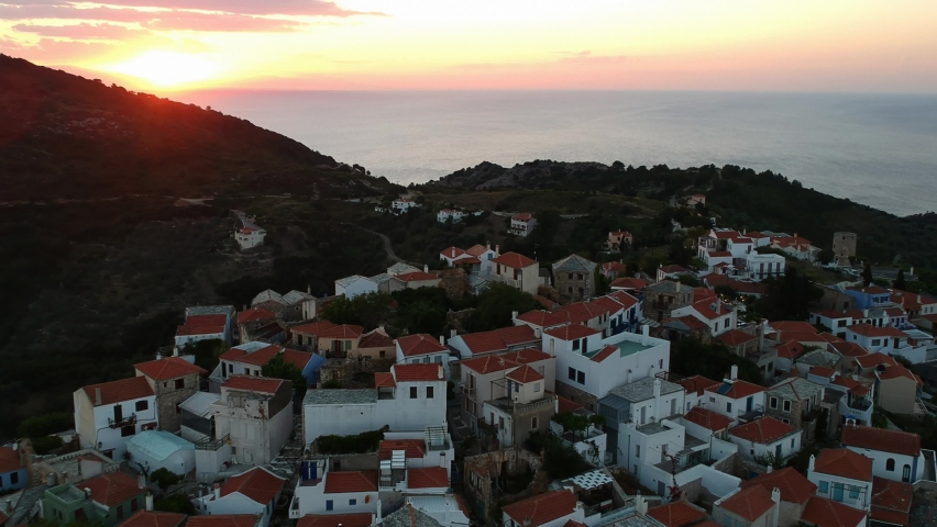 Aerial panoramic view over Chora the beautiful old Village of Alonnisos island in Sporades, Greece