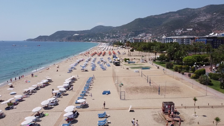 Aerial shot of Beautifu Cleopatra beach in Alanya and view of the sea