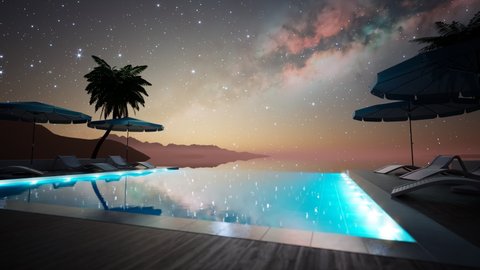 Luxurious horizon infinity swimming pool with palm trees and mountain view. Summer vacation expensive house. Holidays travel spa hotel. Leisure activity. Starry night sky. Milky way. Stars