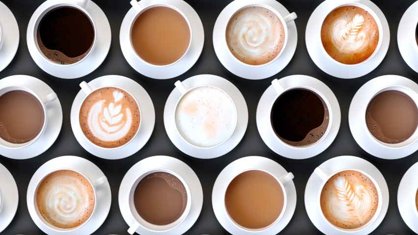 Different coffee drink types. Top view on the dark table with delicious hot beverages in cups. Art latte, cappuccino, americano, espresso, flat white, mocha, cortado. Cafeteria, barista. Caffeine. | Shutterstock HD Video #1081383935