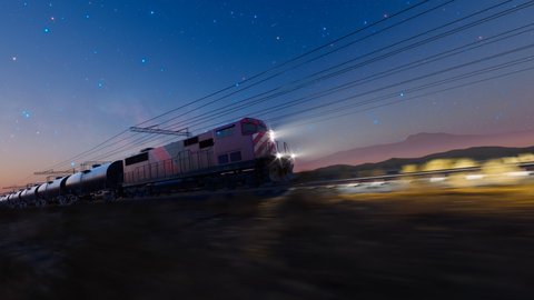Seamless looping animation of a train runnig fast at night. Beautiful starry sky in the background. Railway traction. Transportation. Cargo, logistics, transport industry concepts. The railroad truck.