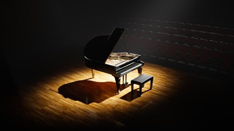 Luxurious grand piano standing on a stage in a big concert hall. Perfect black glossy paint shines in a stage spotlight. Classical instrument ready to perform for talented musicians. Passion for music