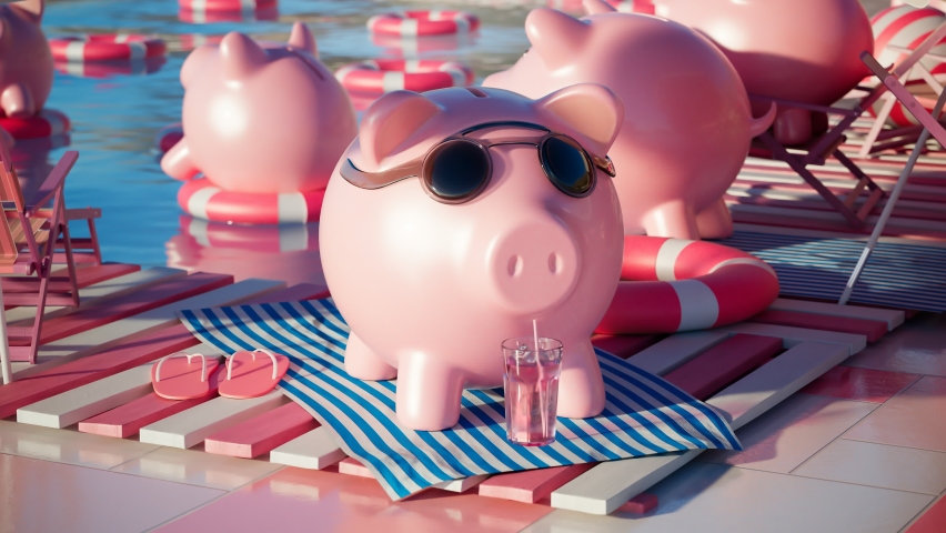 A piggy bank in sunglasses in the relaxation zone in the swimming pool. Money income into porcelain deposit. Symbolizing liable managing with finances. Piggybank filled with coins. Savings. Wealth. Royalty-Free Stock Footage #1081384277
