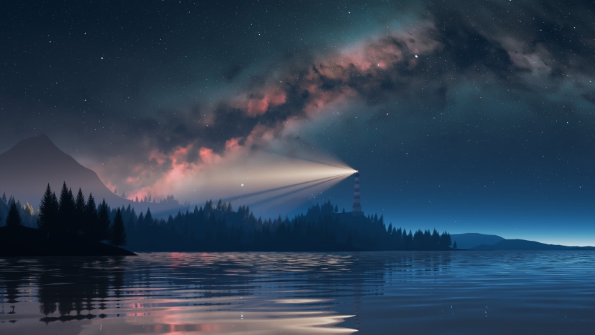 A stylized digital illustration shows a red and white striped lighthouse on a forested shore, its light beam sweeping across a calm water surface beneath a pink and blue nebula and starry sky. The static camera captures the rotating beam and its reflections in the rippling water.