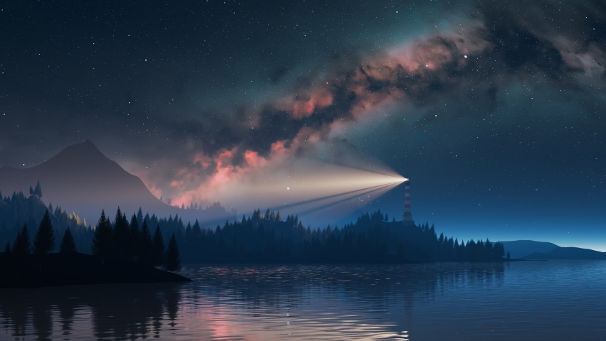 A stylized digital night landscape shows a red and white striped lighthouse on a forested shoreline, its beam rotating across a calm lake beneath a star-filled sky and a pink nebula. The camera stays static while the light sweeps and the water reflects the celestial colors.