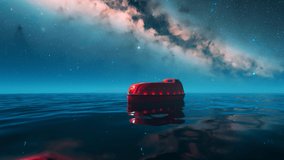 Animation of the red emergency lifeboat floating at the night in the middle of the calm ocean. Peaceful atmosphere. Beautiful starry sky in the background. Rescue equipment for marine accidents. - Powered by Shutterstock - Get 15% off with code: PIKWIZARD15