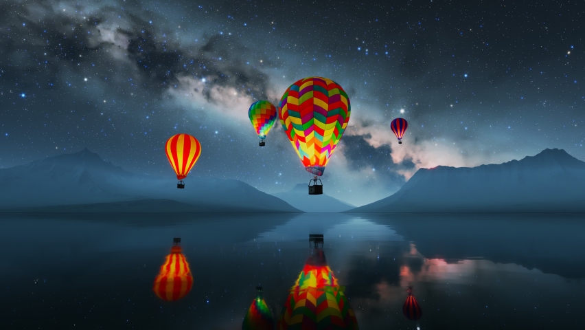 Colourful, glowing hot air balloons flying over the water during the night. Large multi-coloured vibrant balloons slowly rising against a beautiful sky with stars. Travel, adventure, festival. | Shutterstock HD Video #1081384493