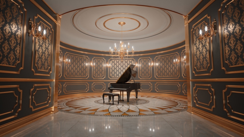 Luxurious grand piano standing in a beautiful glamour interior. Perfect black glossy paint shines in soft light. Classical instrument ready to perform for talented musicians. Passion for music. Royalty-Free Stock Footage #1081384556